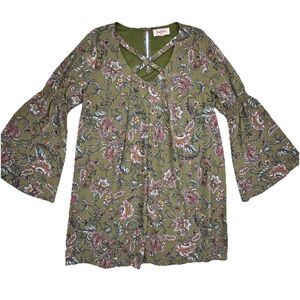 Peach Love Green Floral Boho Bell Sleeve Dress Indie Festival Retro Small